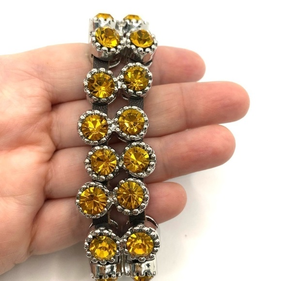 Bracelet Yellow Crystal Sliding Beads Brown Leather Silver Tone Clasp Statement - Picture 5 of 12